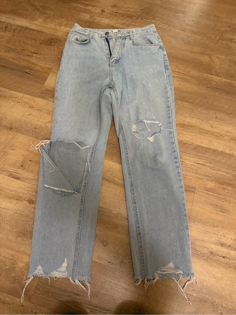 OAK + FORT Light Wash Distressed Straight-Leg Jeans
